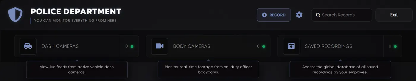 The camera dashboard top bar with three buttons: dash cameras, body cameras and saved recordings