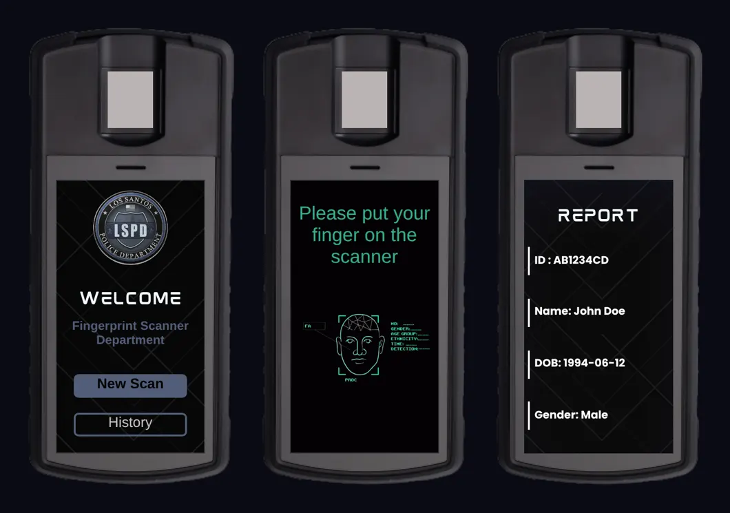 Three screens of the fingerprint scanner: the welcome screen, the scan in progress, and the report